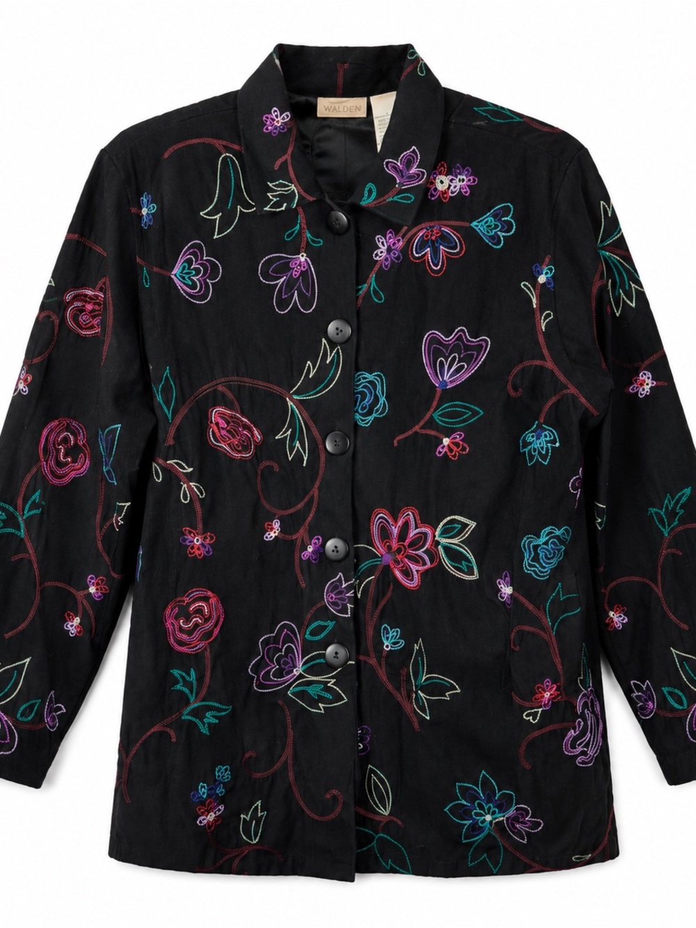 Vintage Y2K Koret Petite Large Black Embroidered Floral Button Jacket VTG Boho